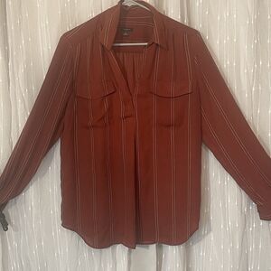 Ann Taylor Popover Tunic Burgundy Brick Red Plaid Lightweight Blouse Size Medium